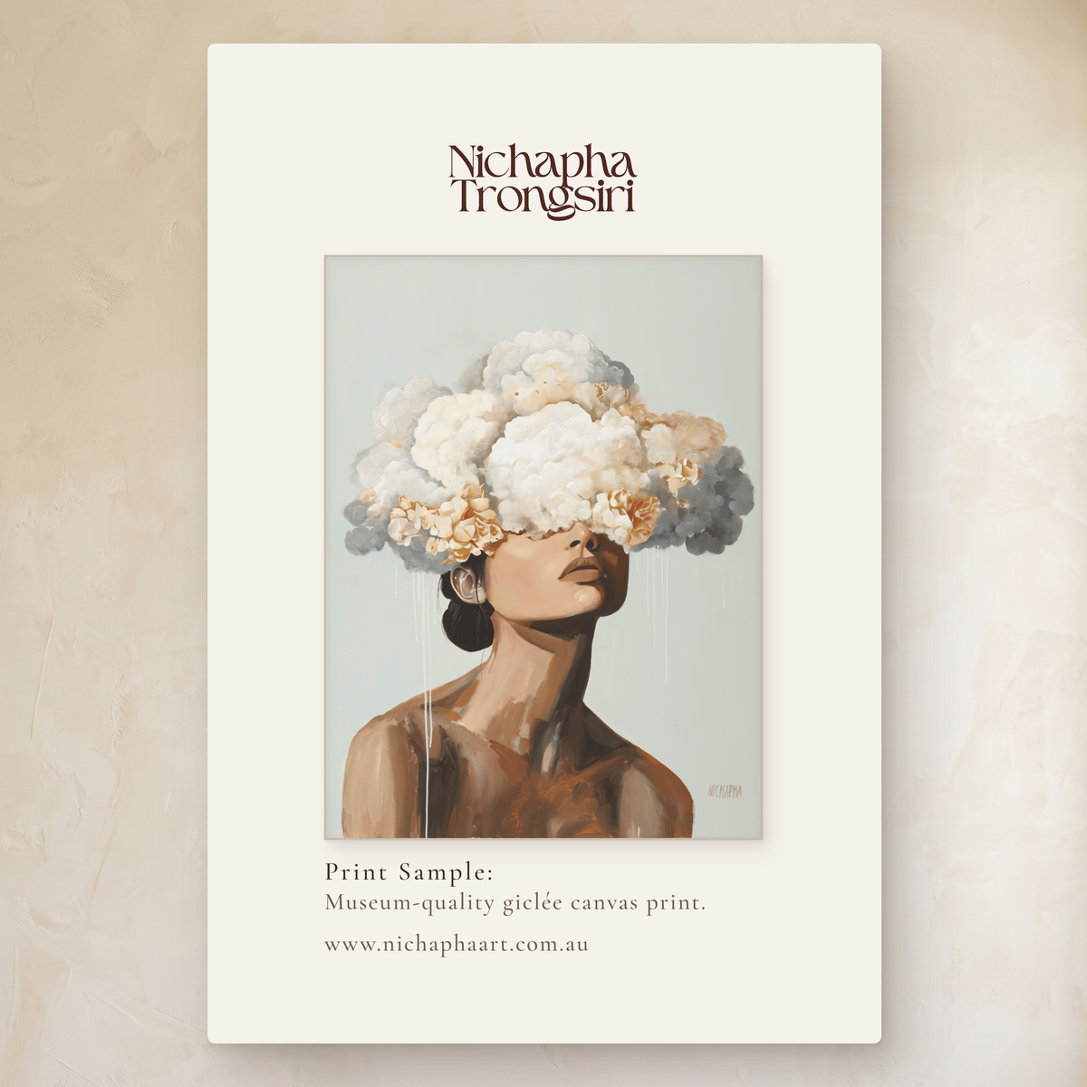 The Shape of Quiet by Nichapha Art – A5 artwork sample of a figure crowned in soft blooms on a soft neutral background, shown beside the full-size artwork
