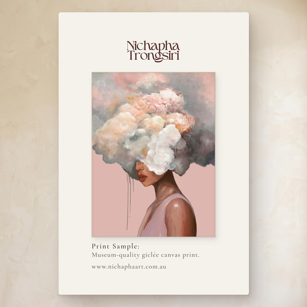 Vapor Dreams (Blush) by Nichapha Art – A5 artwork sample of a figure crowned in soft blooms on a blush pink background, shown beside the full-size artwork