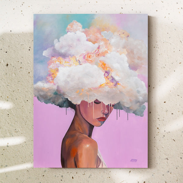 Surreal painting of a woman with clouds and flowers replacing her hair against a soft pink background.