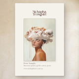 A Gentle Rain of Thoughts by Nichapha Art – A5 artwork sample of a figure crowned in soft blooms on a pale mint background, shown beside the full-size artwork