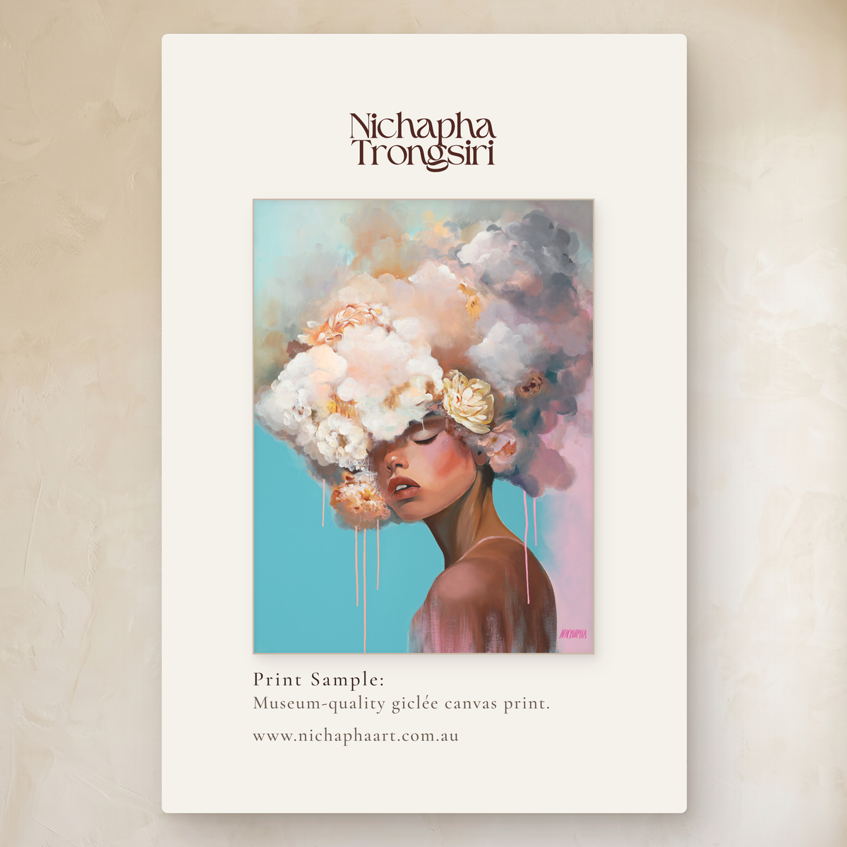 Blush Mirage by Nichapha Art – A5 artwork sample of a figure crowned in soft blooms on a soft aqua background, shown beside the full-size artwork