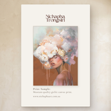 Blush Mirage (Terracotta) by Nichapha Art – A5 artwork sample of a figure crowned in soft blooms on a terracotta background, shown beside the full-size artwork