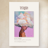 Cloudbound by Nichapha Art – A5 artwork sample of a figure crowned in soft blooms on a lilac background, shown beside the full-size artwork