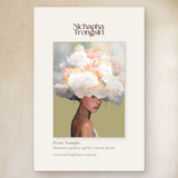 Cloudbound (Sage) by Nichapha Art – A5 artwork sample of a figure crowned in soft blooms on a sage green background, shown beside the full-size artwork