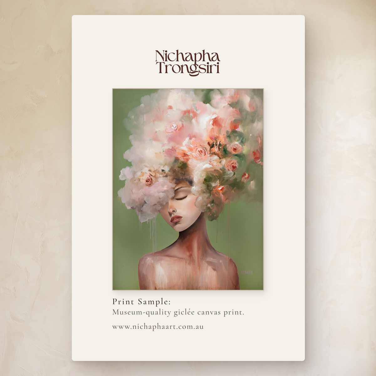 Grounded Bloom by Nichapha Art – A5 artwork sample of a figure crowned in soft blooms on a green background, shown beside the full-size artwork