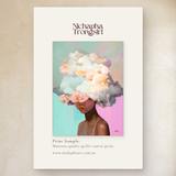 Inner Bloom by Nichapha Art – A5 artwork sample of a figure crowned in soft blooms on a teal and pink background, shown beside the full-size artwork