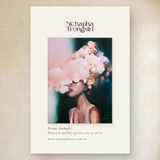 Luminous Echo by Nichapha Art – A5 artwork sample of a figure crowned in soft blooms on a deep teal background, shown beside the full-size artwork