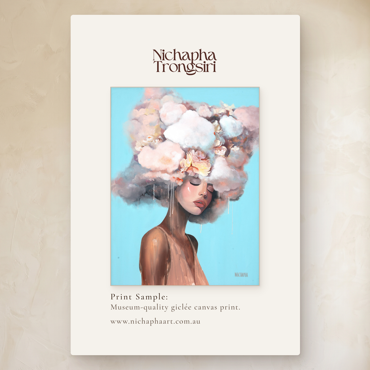 Petal Reverie by Nichapha Art – A5 artwork sample of a figure crowned in soft blooms on a sky blue background, shown beside the full-size artwork