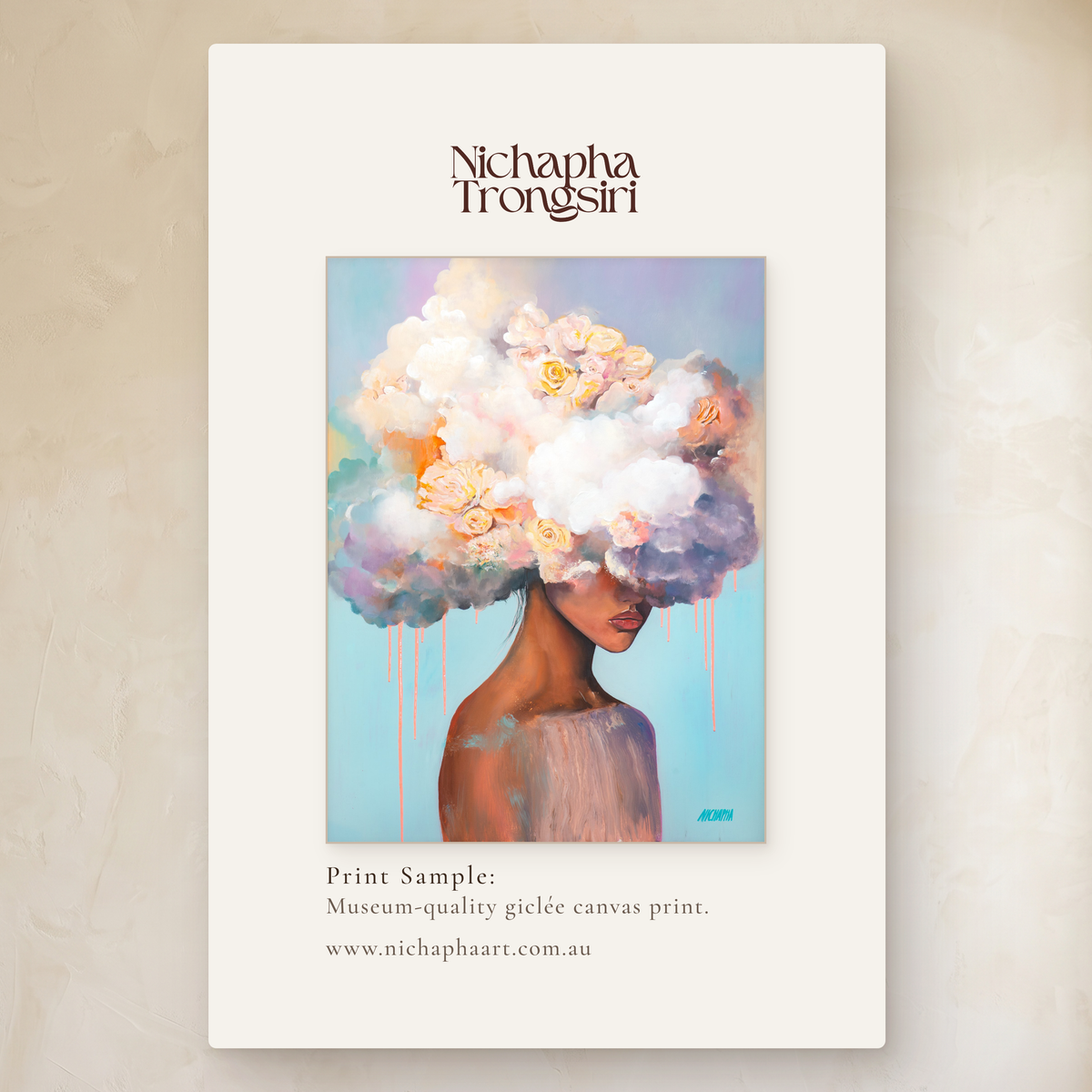 Saving Grace by Nichapha Art – A5 artwork sample of a figure crowned in soft blooms on a turquoise background, shown beside the full-size artwork