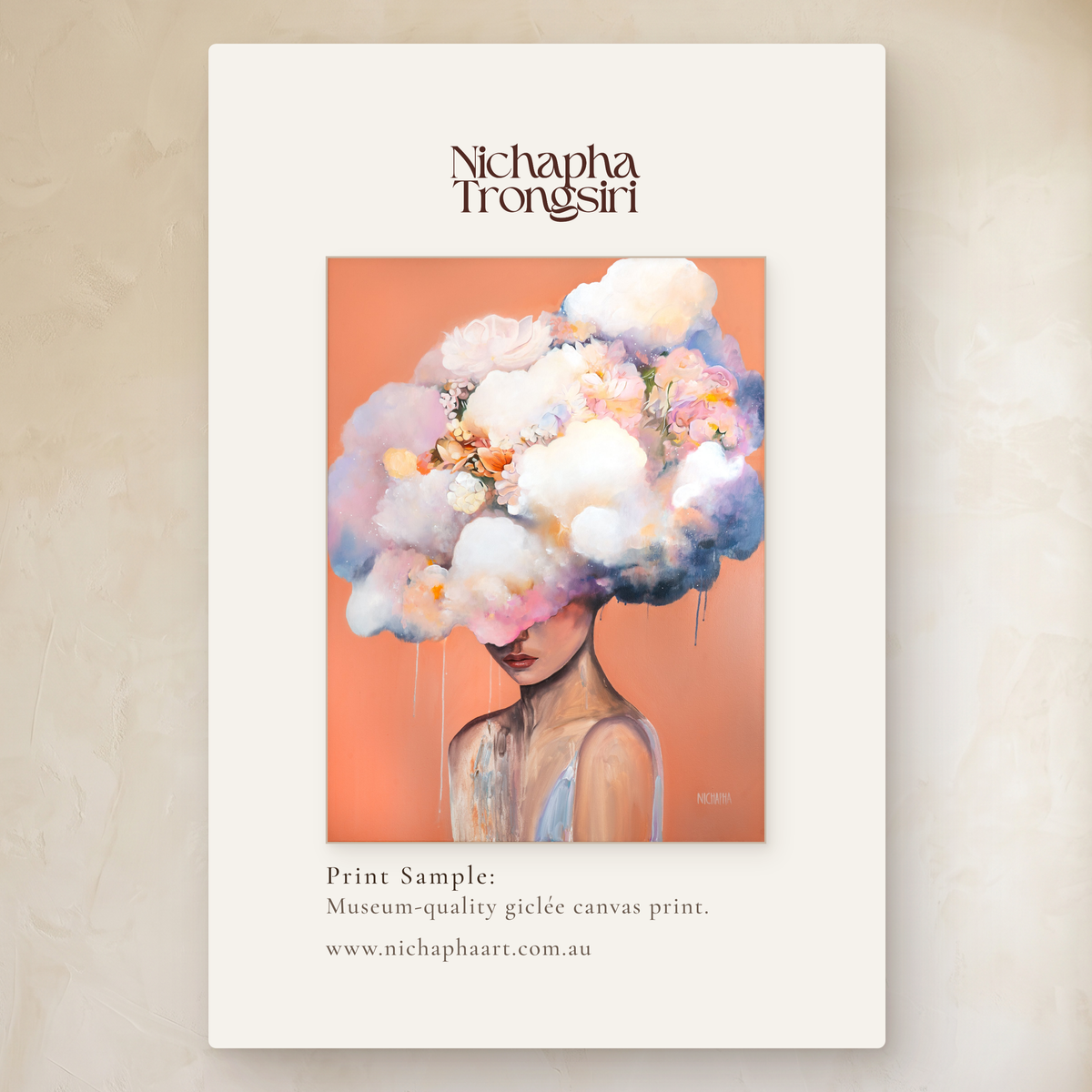 Soft Horizon by Nichapha Art – A5 artwork sample of a figure crowned in soft blooms on a warm apricot background, shown beside the full-size artwork