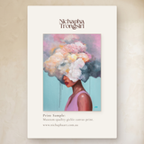 Vapor Dreams by Nichapha Art – A5 artwork sample of a figure crowned in soft blooms on a soft blue and pink background, shown beside the full-size artwork
